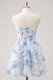 Light Blue Sweetheart Key Hole Tiered Floral Chiffon Homecoming Dress