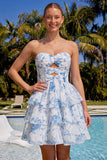 Light Blue Sweetheart Key Hole Tiered Floral Chiffon Homecoming Dress