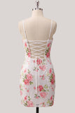 Sparkly White Bodycon Spaghetti Straps Floral Sequins Homecoming Dress with Lace Up Back