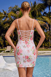 Sparkly White Bodycon Spaghetti Straps Floral Sequins Homecoming Dress with Lace Up Back