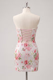 Sparkly Sweetheart White Key Hole Bodycon Floral Sequins Homecoming Dress with Lace Up Back