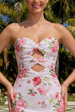 Sparkly Sweetheart White Key Hole Bodycon Floral Sequins Homecoming Dress with Lace Up Back