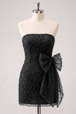 Navy Strapless Beaded Tight Lace Up Back Short Homecoming Dress with Bow