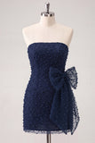 Navy Strapless Beaded Tight Lace Up Back Short Homecoming Dress with Bow