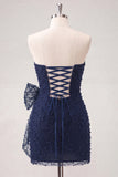 Navy Strapless Beaded Tight Lace Up Back Short Homecoming Dress with Bow