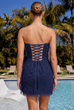 Navy Strapless Beaded Tight Lace Up Back Short Homecoming Dress with Bow