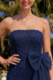 Navy Strapless Beaded Tight Lace Up Back Short Homecoming Dress with Bow
