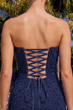 Navy Strapless Beaded Tight Lace Up Back Short Homecoming Dress with Bow