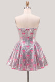 Sparkly Pink A-Line Strapless Sequins Homecoming Dress with Bow