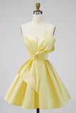 A-Line Daffodil Satin Strapless Ruched Short Formal Dress with Bow