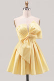A-Line Daffodil Satin Strapless Ruched Lace Up Back Homecoming Dress with Bow