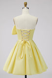 A-Line Daffodil Satin Strapless Ruched Short Formal Dress with Bow