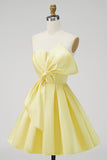 A-Line Daffodil Satin Strapless Ruched Short Formal Dress with Bow