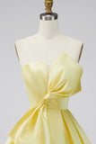 A-Line Daffodil Satin Strapless Ruched Short Formal Dress with Bow