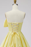 A-Line Daffodil Satin Strapless Ruched Short Formal Dress with Bow