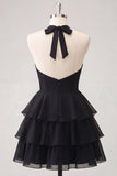 Blue Flower A-Line Halter Neck Tiered Chiffon Cut Out Homecoming Dress
