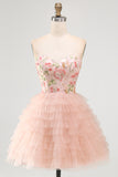 Sweetheart Pink Tulle A-Line Tiered Floral Beaded Short Formal Dress
