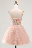 Sweetheart Pink Tulle A-Line Tiered Floral Beaded Short Formal Dress