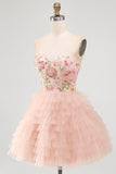 Sweetheart Pink Tulle A-Line Tiered Floral Beaded Short Formal Dress