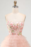 Sweetheart Pink Tulle A-Line Tiered Floral Beaded Short Formal Dress