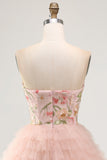 Sweetheart Pink Tulle A-Line Tiered Floral Beaded Short Formal Dress