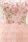 Sweetheart Pink Tulle A-Line Tiered Floral Beaded Short Formal Dress