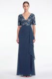 Navy Mermaid Floral V-Neck Ruched Chiffon Long Mother Of the Bride Dress with Ruffles