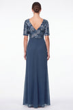 Navy Mermaid Floral V-Neck Ruched Chiffon Long Mother Of the Bride Dress with Ruffles