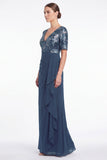 Navy Mermaid Floral V-Neck Ruched Chiffon Long Mother Of the Bride Dress with Ruffles