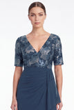 Navy Mermaid Floral V-Neck Ruched Chiffon Long Mother Of the Bride Dress with Ruffles