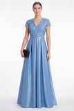 A-Line Blue V-Neck Satin Sequins Long Mother Of the Bride Dress with Short Sleeves