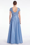 A-Line Blue V-Neck Satin Sequins Long Mother Of the Bride Dress with Short Sleeves