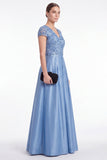 A-Line Blue V-Neck Satin Sequins Long Mother Of the Bride Dress with Short Sleeves