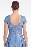 A-Line Blue V-Neck Satin Sequins Long Mother Of the Bride Dress with Short Sleeves