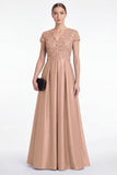 A-Line Blue V-Neck Satin Sequins Long Mother Of the Bride Dress with Short Sleeves