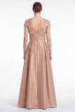 A-Line Blue V-Neck Satin Sequins Long Mother Of the Bride Dress with Short Sleeves