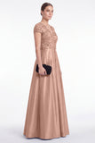 A-Line Blue V-Neck Satin Sequins Long Mother Of the Bride Dress with Short Sleeves