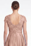 A-Line Blue V-Neck Satin Sequins Long Mother Of the Bride Dress with Short Sleeves