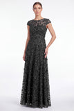 A-Line Navy Round Neck Sequins Long Mother Of the Bride Dress with Cap Sleeves