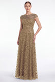 A-Line Navy Round Neck Sequins Long Mother Of the Bride Dress with Cap Sleeves
