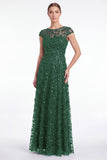A-Line Navy Round Neck Sequins Long Mother Of the Bride Dress with Cap Sleeves