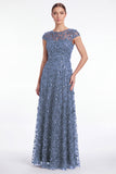 A-Line Navy Round Neck Sequins Long Mother Of the Bride Dress with Cap Sleeves
