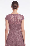 A-Line Navy Round Neck Sequins Long Mother Of the Bride Dress with Cap Sleeves