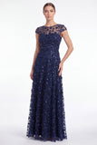 A-Line Navy Round Neck Sequins Long Mother Of the Bride Dress with Cap Sleeves