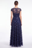 A-Line Navy Round Neck Sequins Long Mother Of the Bride Dress with Cap Sleeves