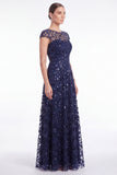 A-Line Navy Round Neck Sequins Long Mother Of the Bride Dress with Cap Sleeves