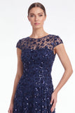 A-Line Navy Round Neck Sequins Long Mother Of the Bride Dress with Cap Sleeves