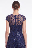 A-Line Navy Round Neck Sequins Long Mother Of the Bride Dress with Cap Sleeves