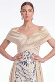 Champagne A-Line Floral Sequins Long Mother Of the Bride Dress with Sash