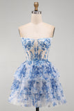 White Blue Flower Strapless Sheer Corset Tiered A-Line Short Homecoming Dress with Lace Up Back